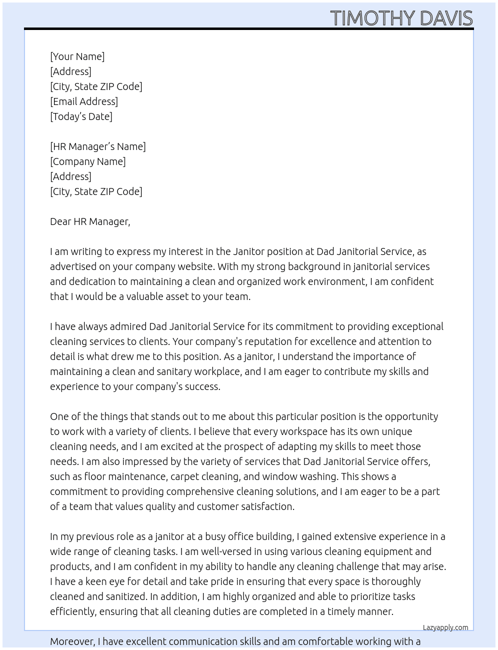 janitor At Dad Janitorial Service Cover Letter
