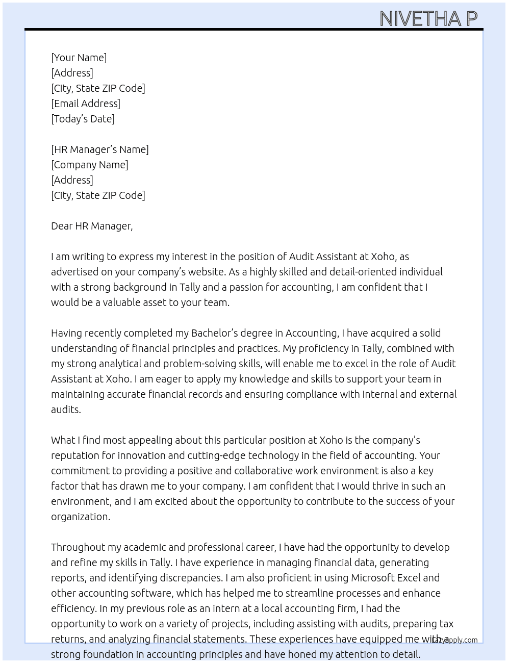 Audit Assistant  At Xoho Cover Letter