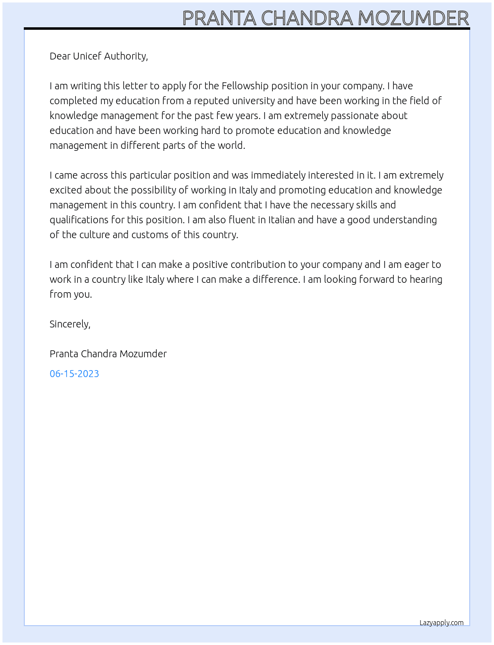 Fellowship At UNICEF Cover Letter