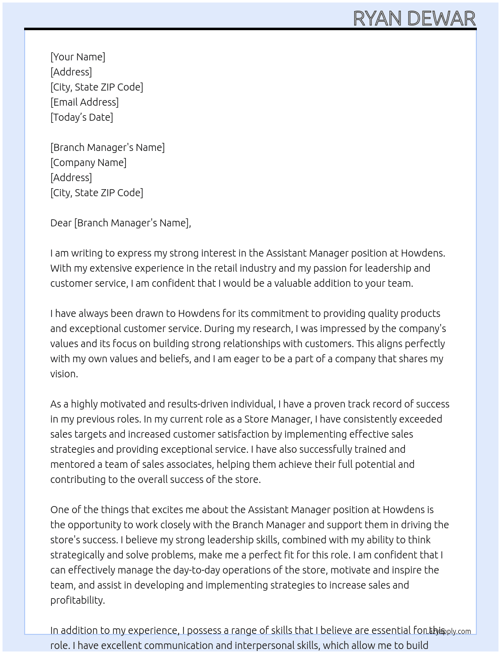 Assistant manager At Howdens Cover Letter