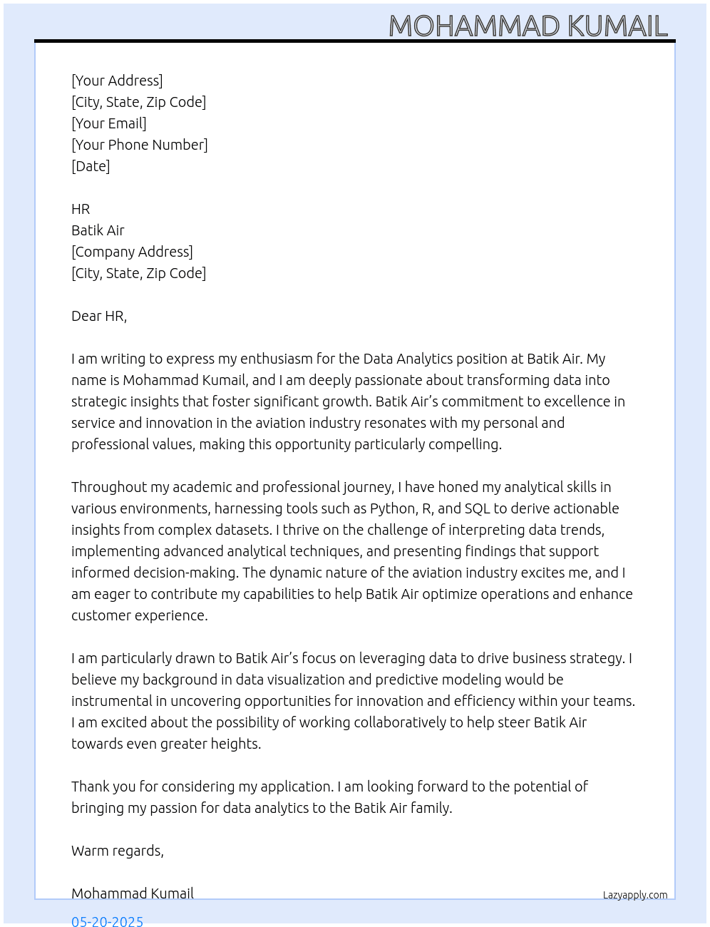 Data Analytics  At Batik Air Cover Letter