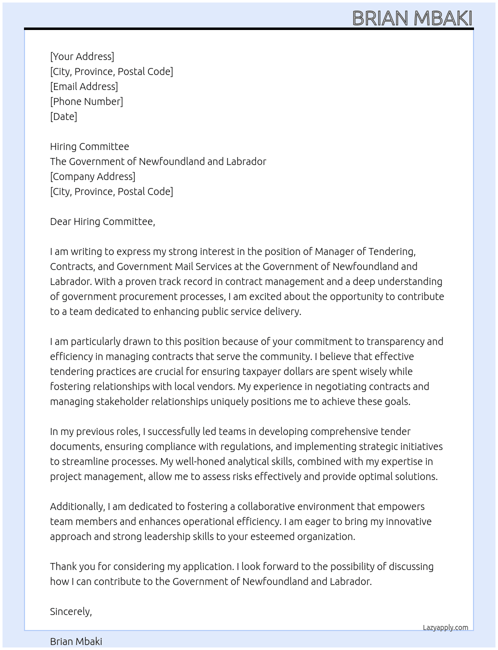 Manager of Tendering, Contracts and Government Mail Services At The Government of Newfoundland and Labrador   Cover Letter