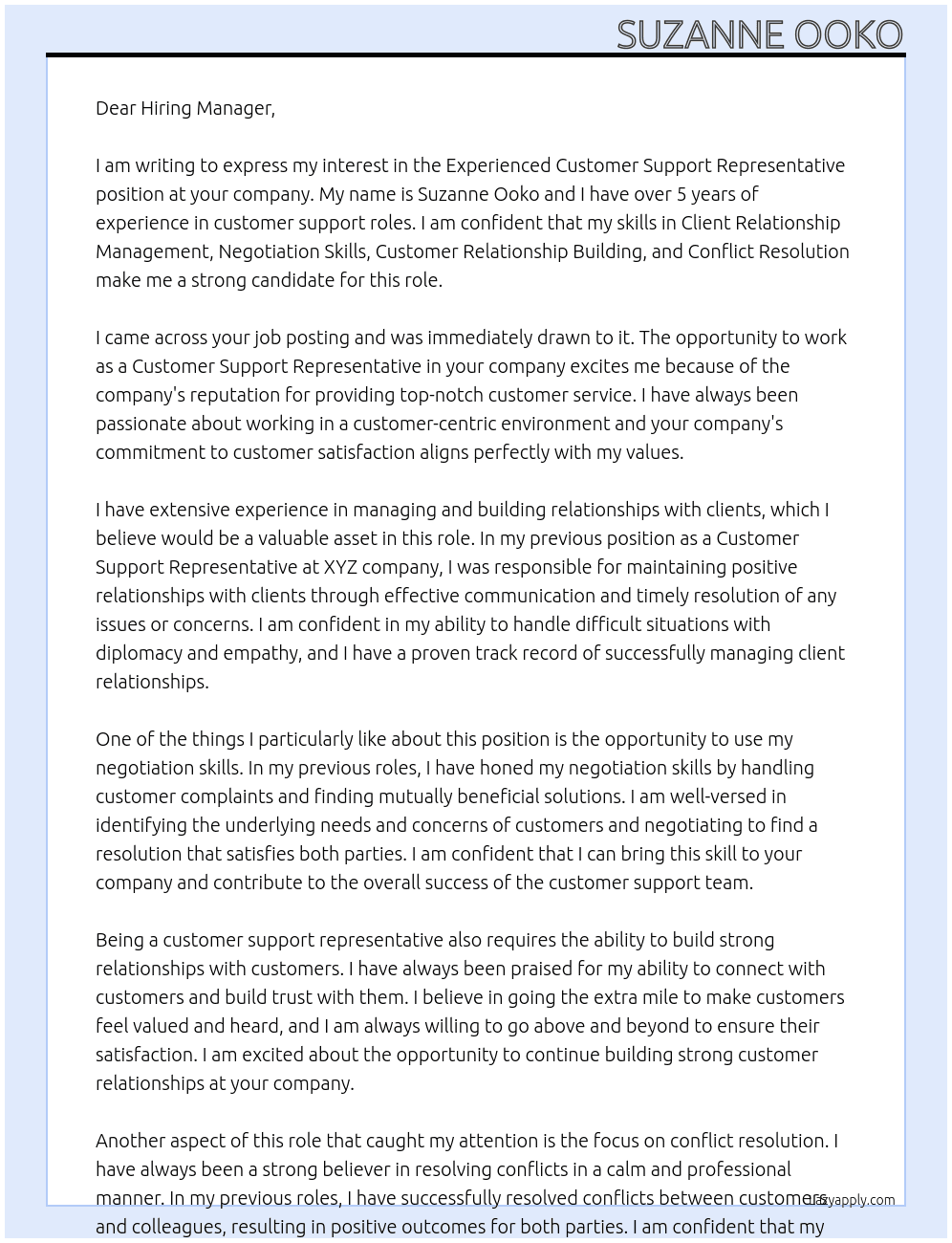 Cover letter for experienced customer support representative needed - LazyApply
