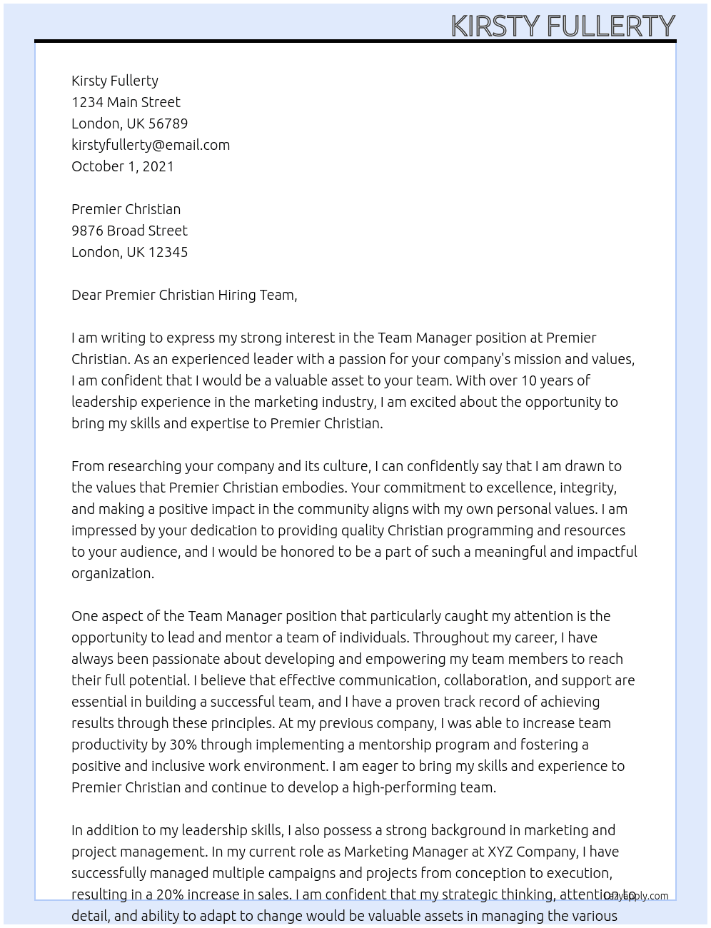 team manager At Premier Christian  Cover Letter