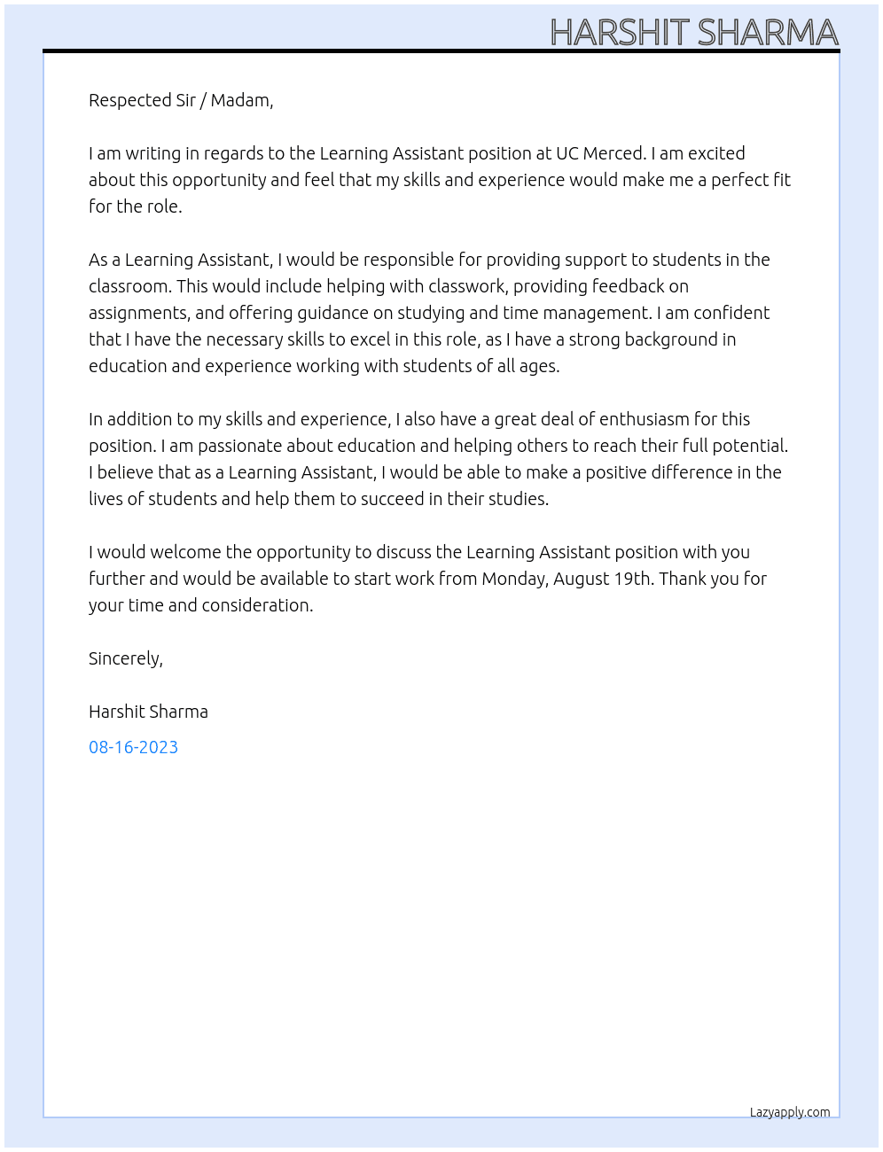 Learning Assistant At UC Merced Cover Letter