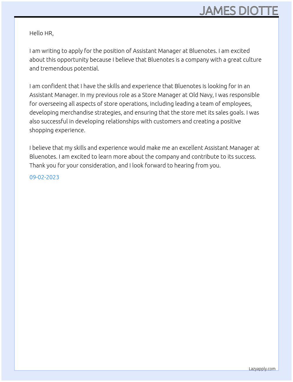 Assistant Manager At Bluenotes Cover Letter