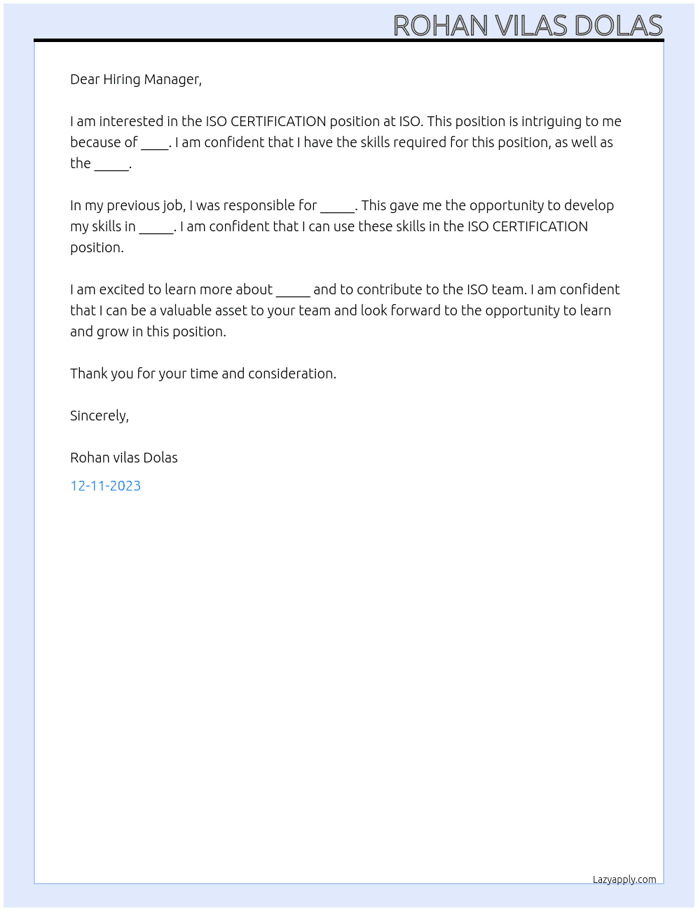 ISO CERTIFICATION At ISO Cover Letter