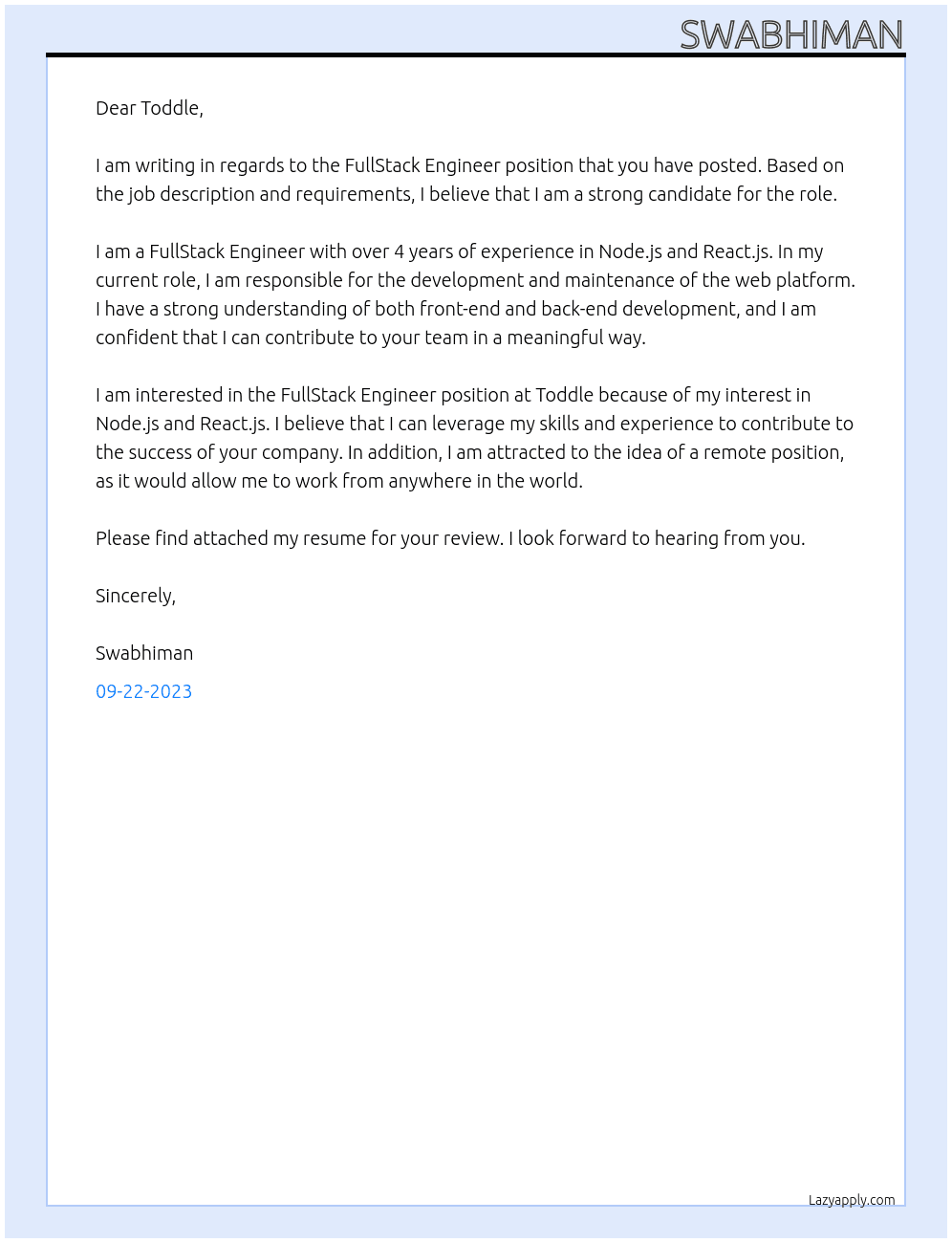 FullStack Engineer At Toddle Cover Letter