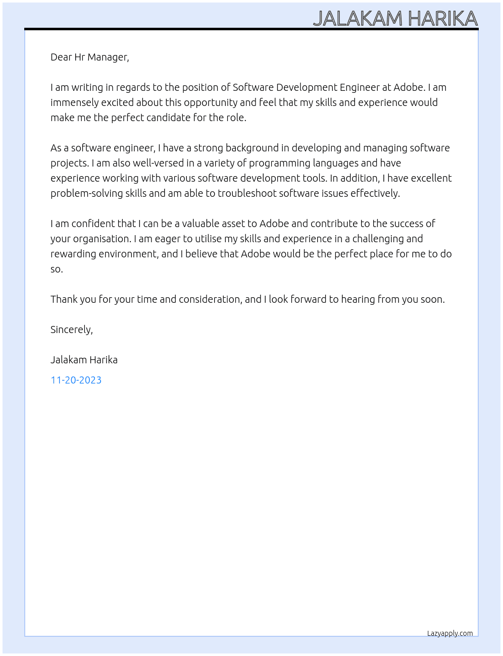 Software Development Engineer  At Adobe Cover Letter