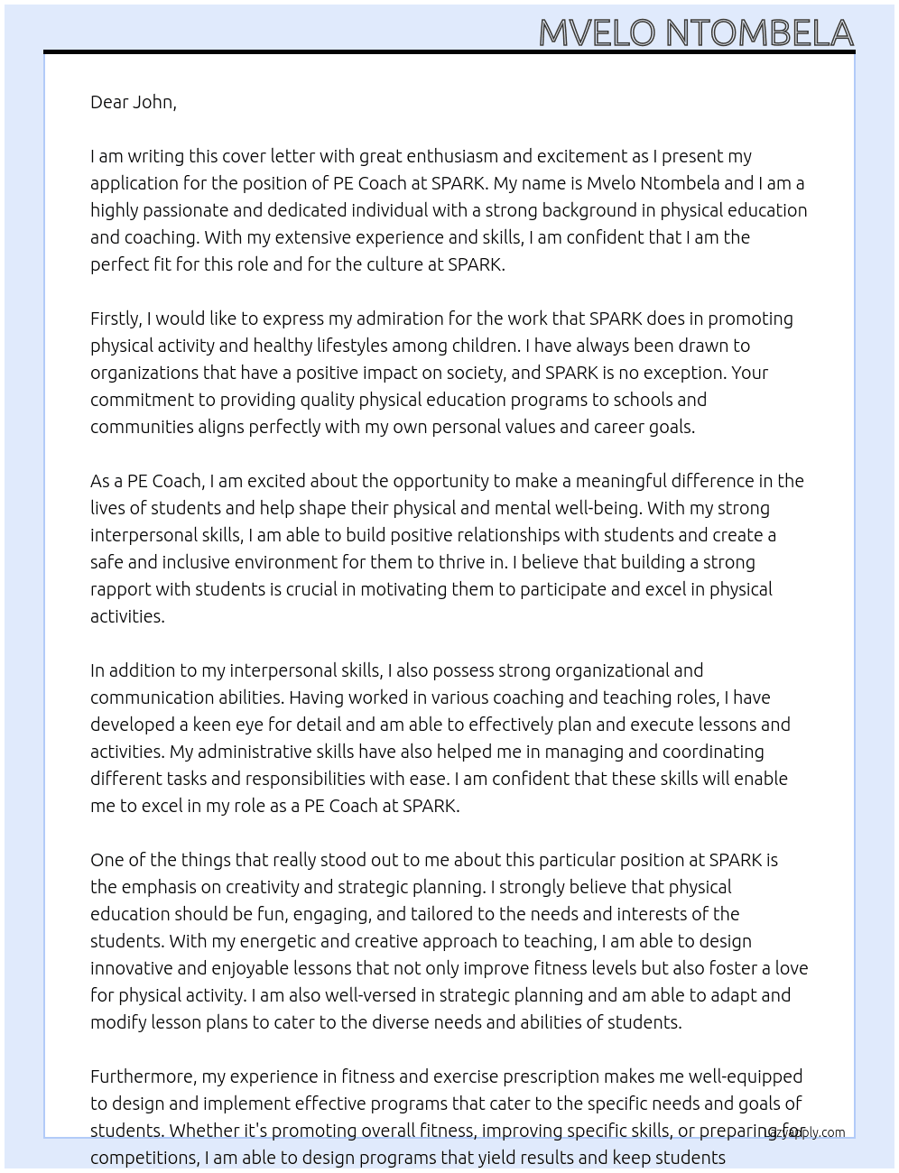 PE Coach At SPARK Cover Letter