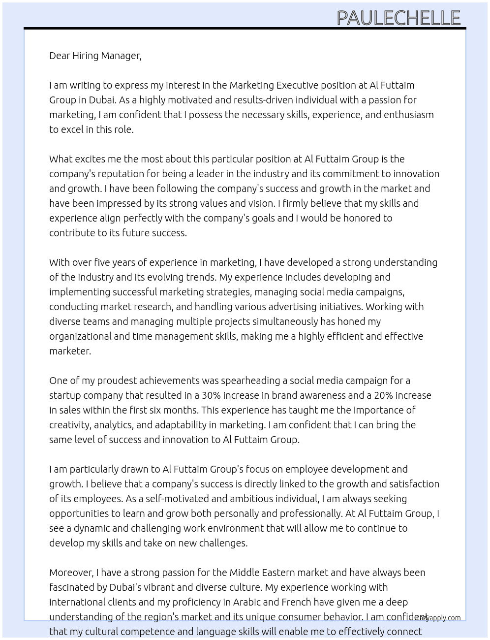 Marketing Executive At Al Futtaim Group Cover Letter