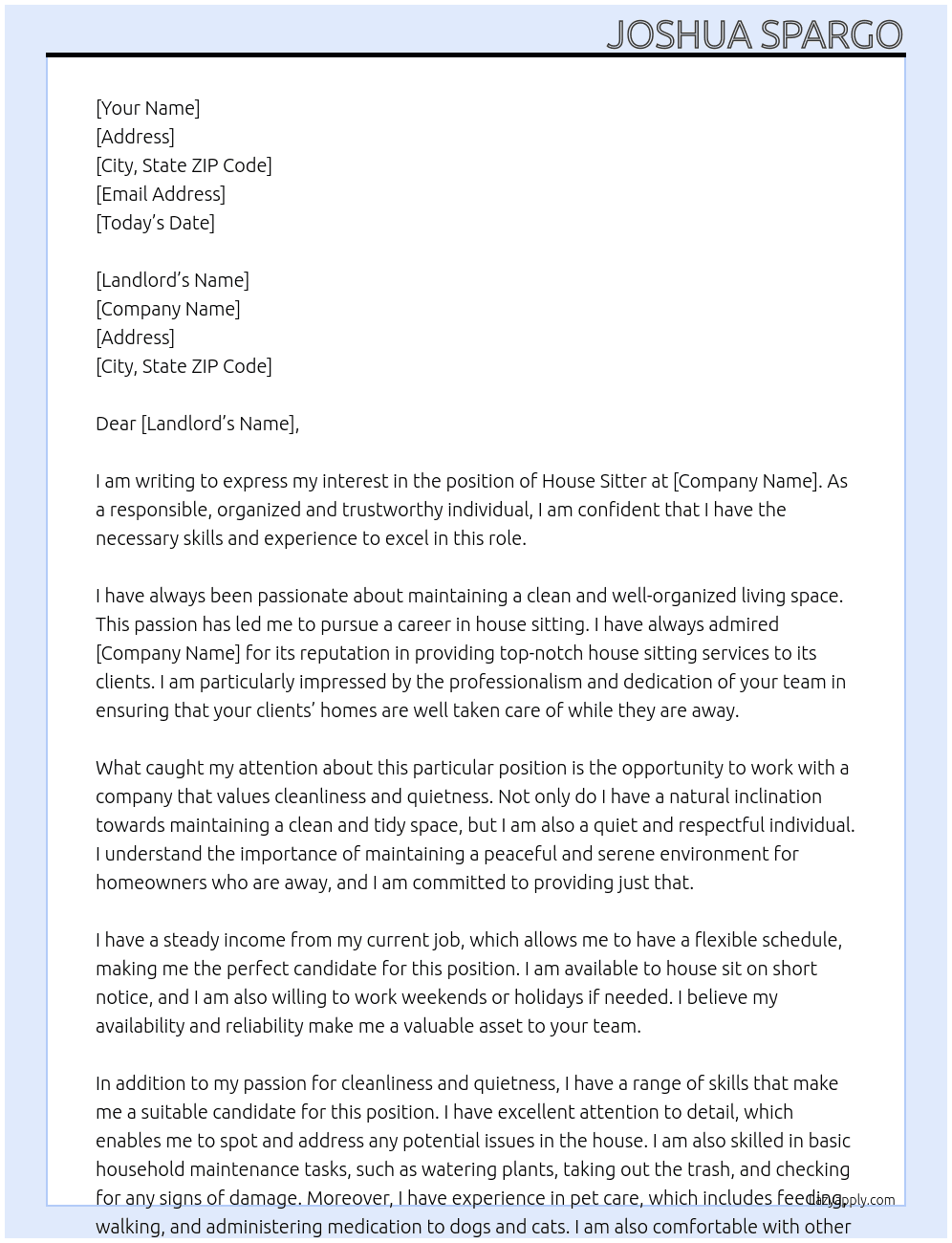 House sitter At House sitting Cover Letter