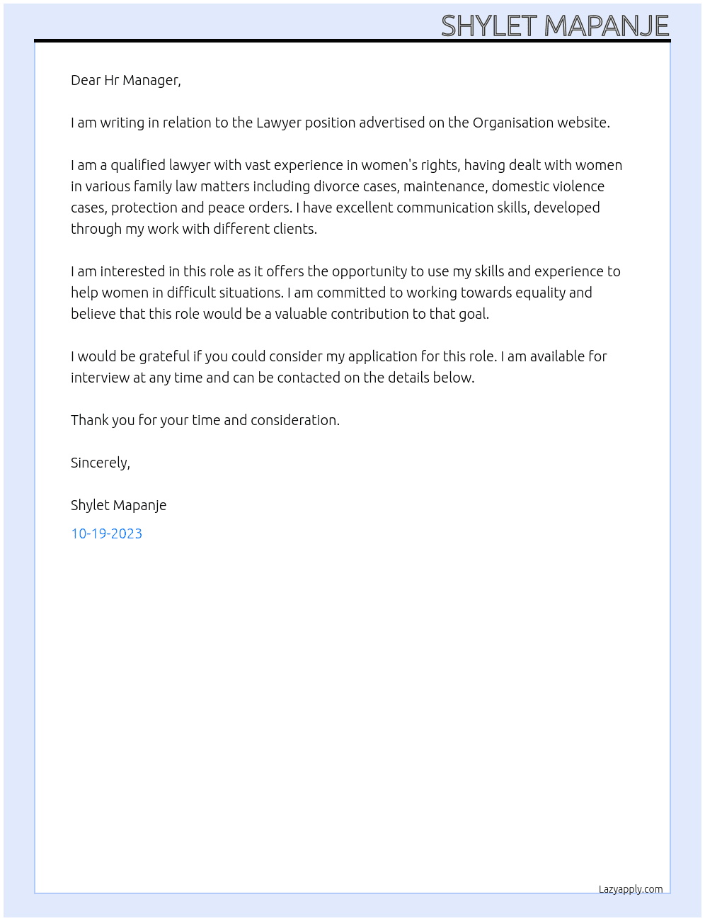 Lawyer At Organisation  Cover Letter