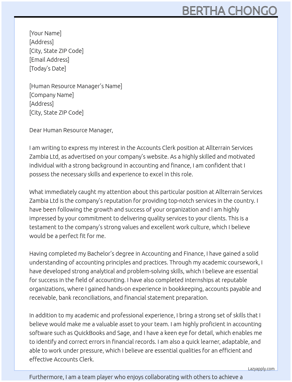 Accounts Clerk At Allterrain Services Zambia Ltd Cover Letter