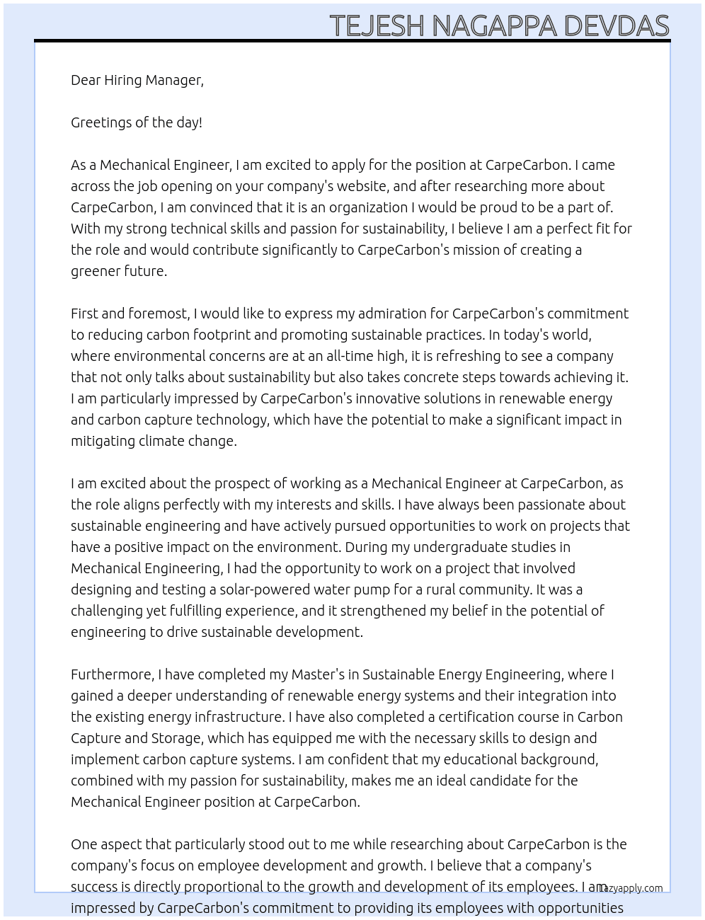 Mechanical Engineer At CarpeCarbon Cover Letter