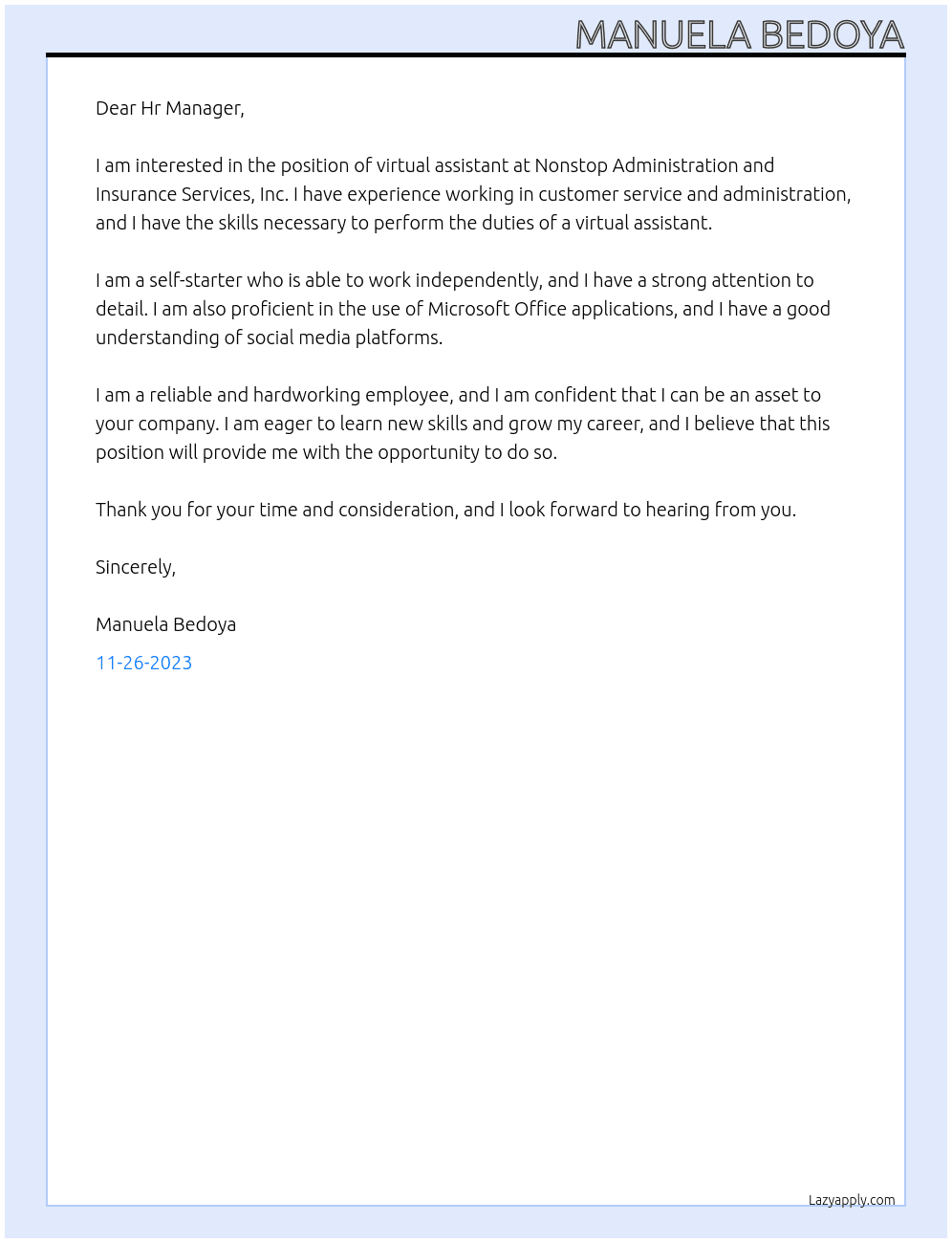 Virtual assistant At Nonstop Administration and Insurance services, Inc Cover Letter