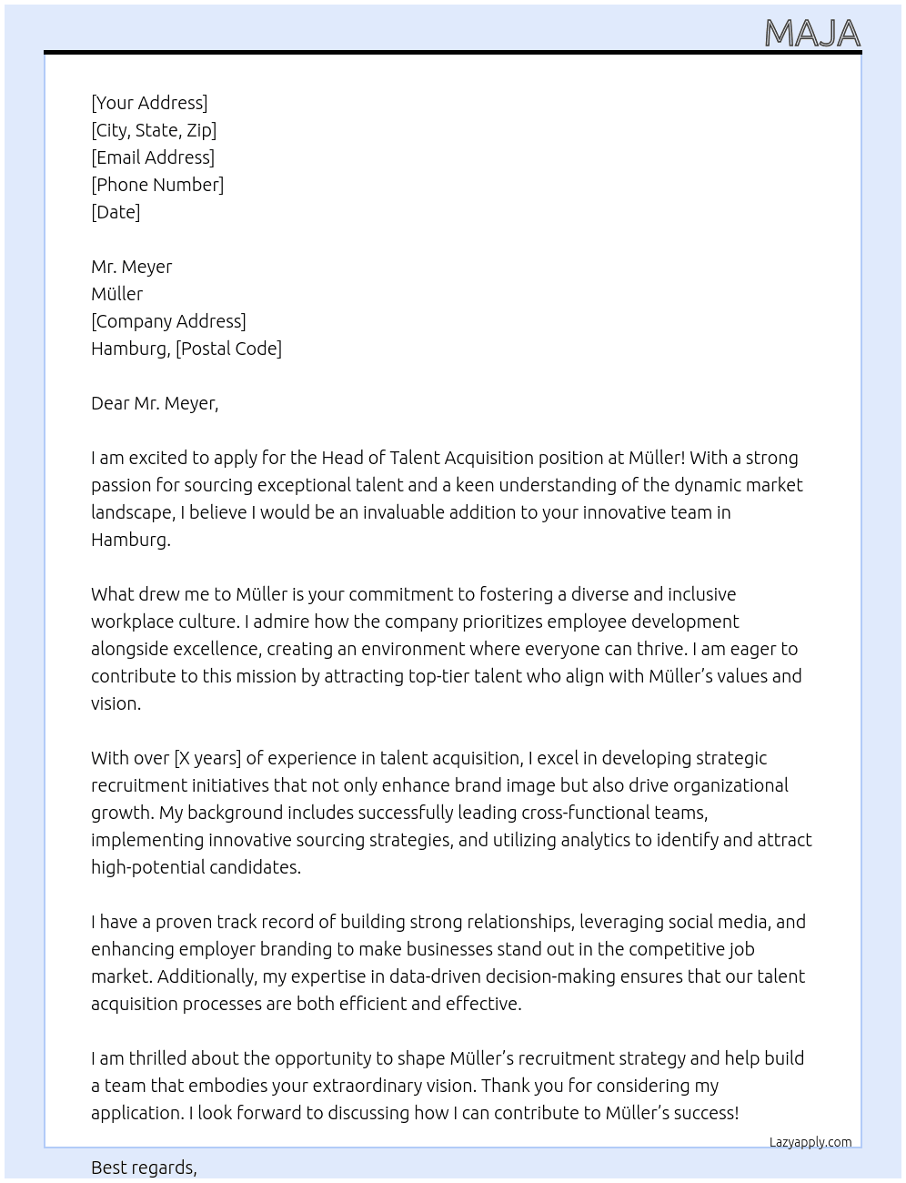 Head of Talent Acquisition At Müller Cover Letter
