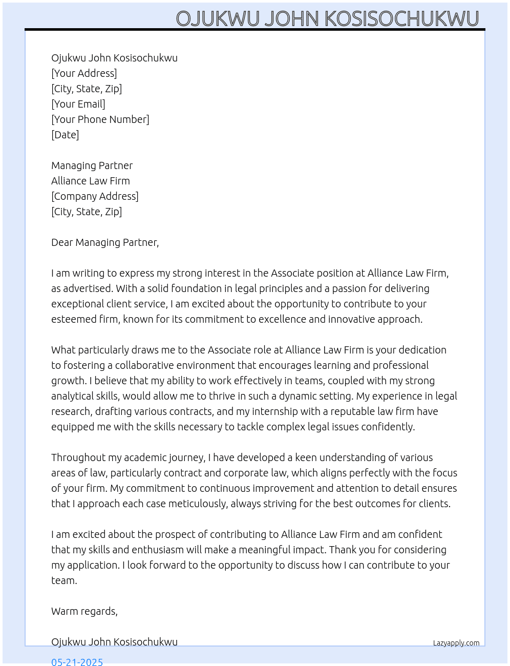 Associate At Alliance law firm  Cover Letter