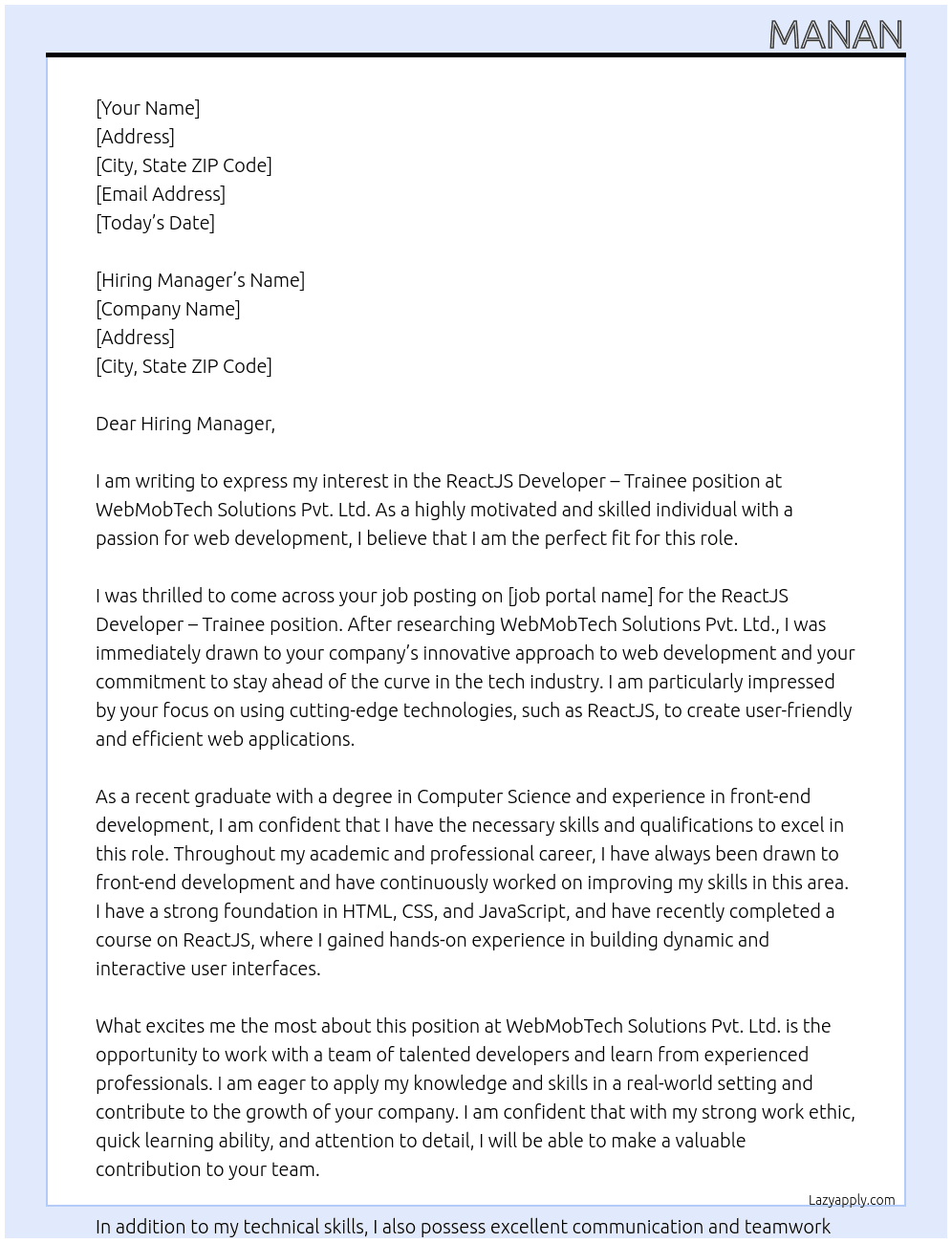 ReactJS Developer - Trainee At WebMobTech Solutions Pvt. Ltd. Cover Letter