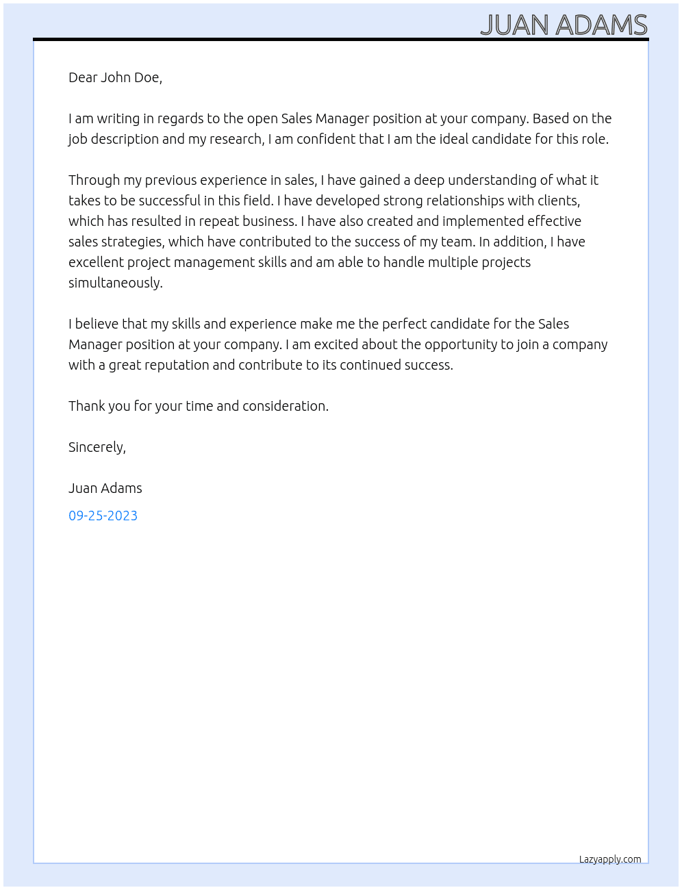 Sales Manager At John Doe Cover Letter