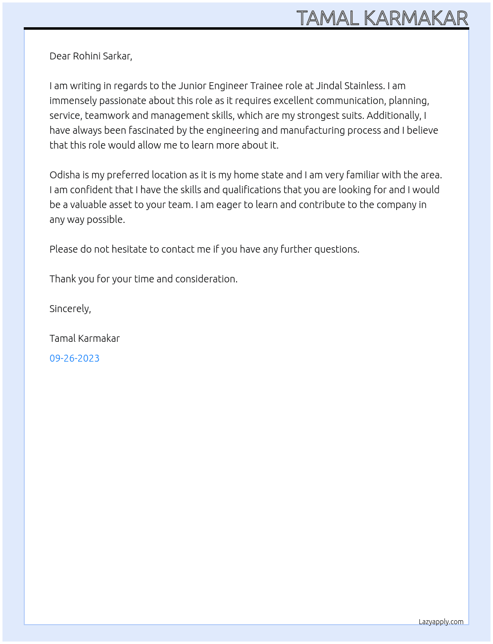 Mechanical Engineering At Jindal Stainless Cover Letter