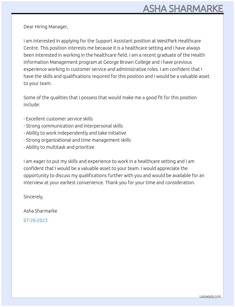 Support Assistant At WestPark Healthcare Centre Cover Letter