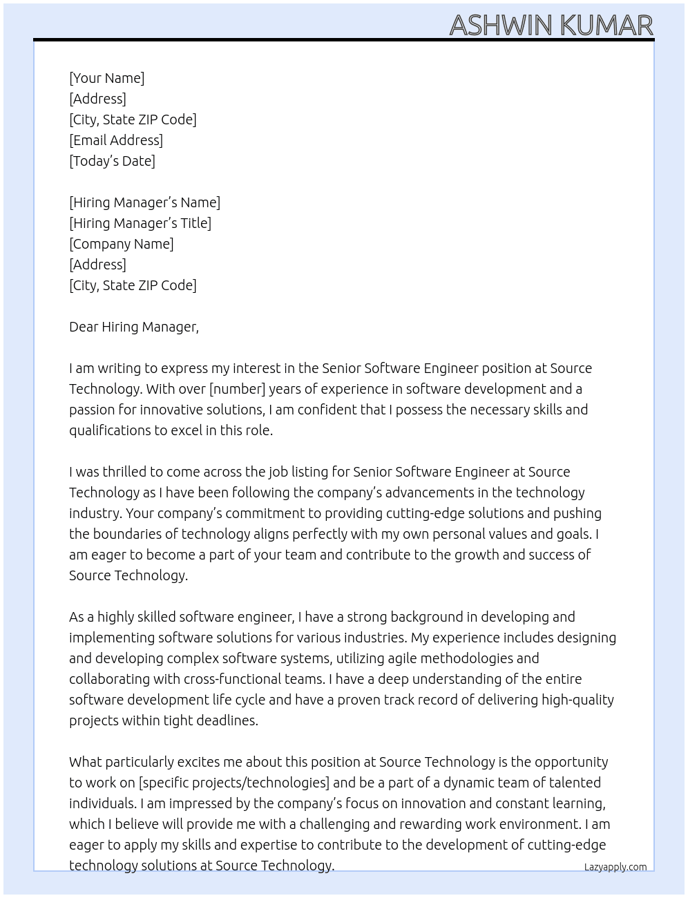 Senior Software Engineer At Source Technology Cover Letter