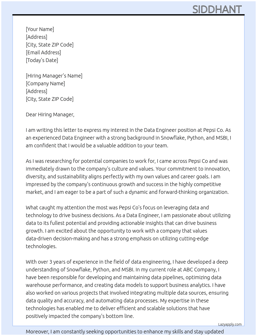 Data Engineer  At Pepsi Co Cover Letter