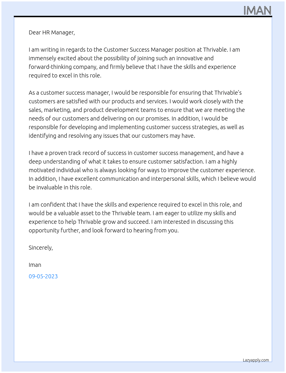 Customer Success Manager At Thrivable Cover Letter