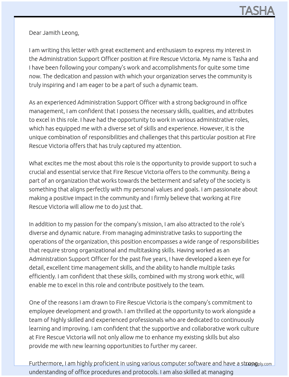 Administration support officer At Fire Rescue Victoria Cover Letter