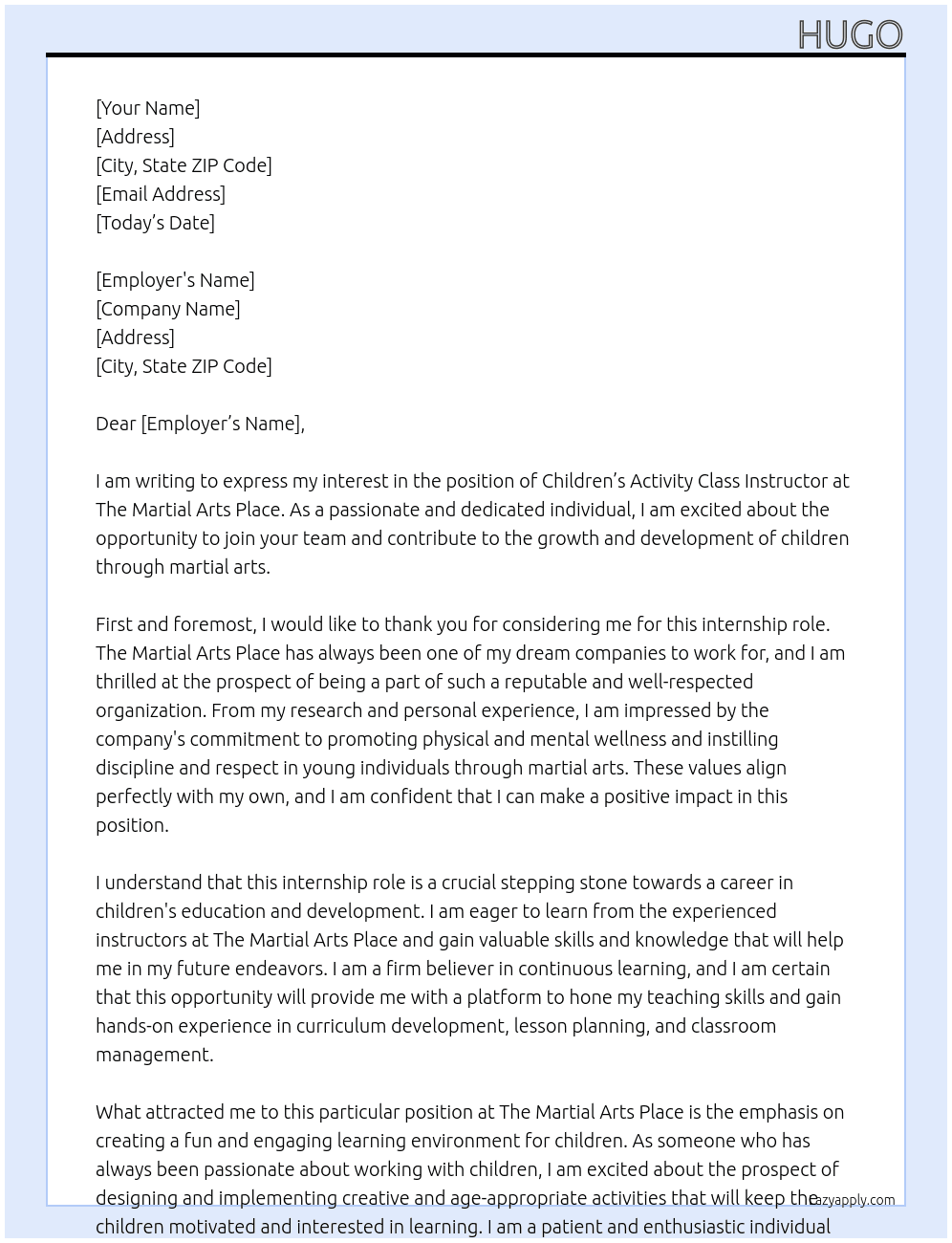 Children's Activity Class Instructor At The Martial Arts Place Cover Letter
