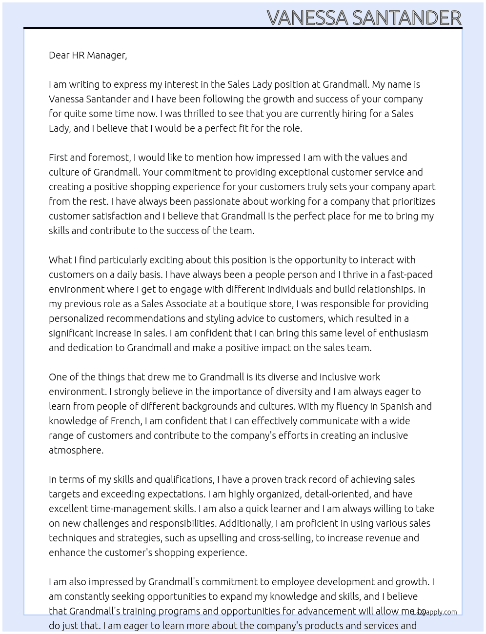 Sales Lady At Grandmall Cover Letter