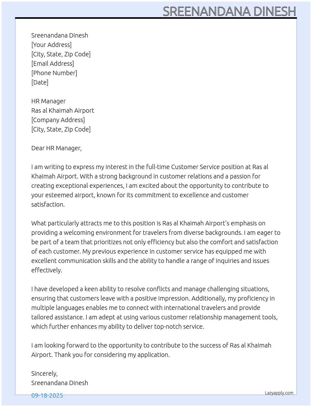 customer service At Ras al Khaimah airport Cover Letter