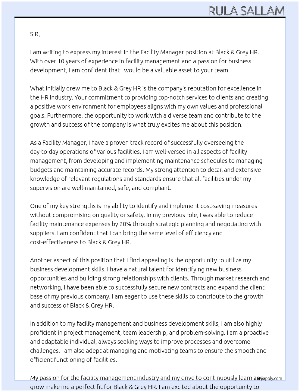 FACILITY MANAGER  At Black & Grey HR Cover Letter