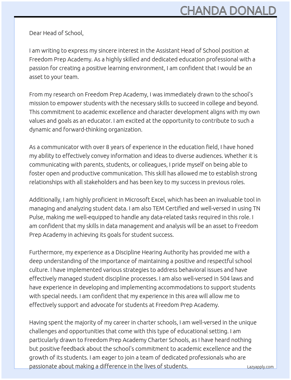 Assistant Head of School At Freedom Prep Academy Cover Letter