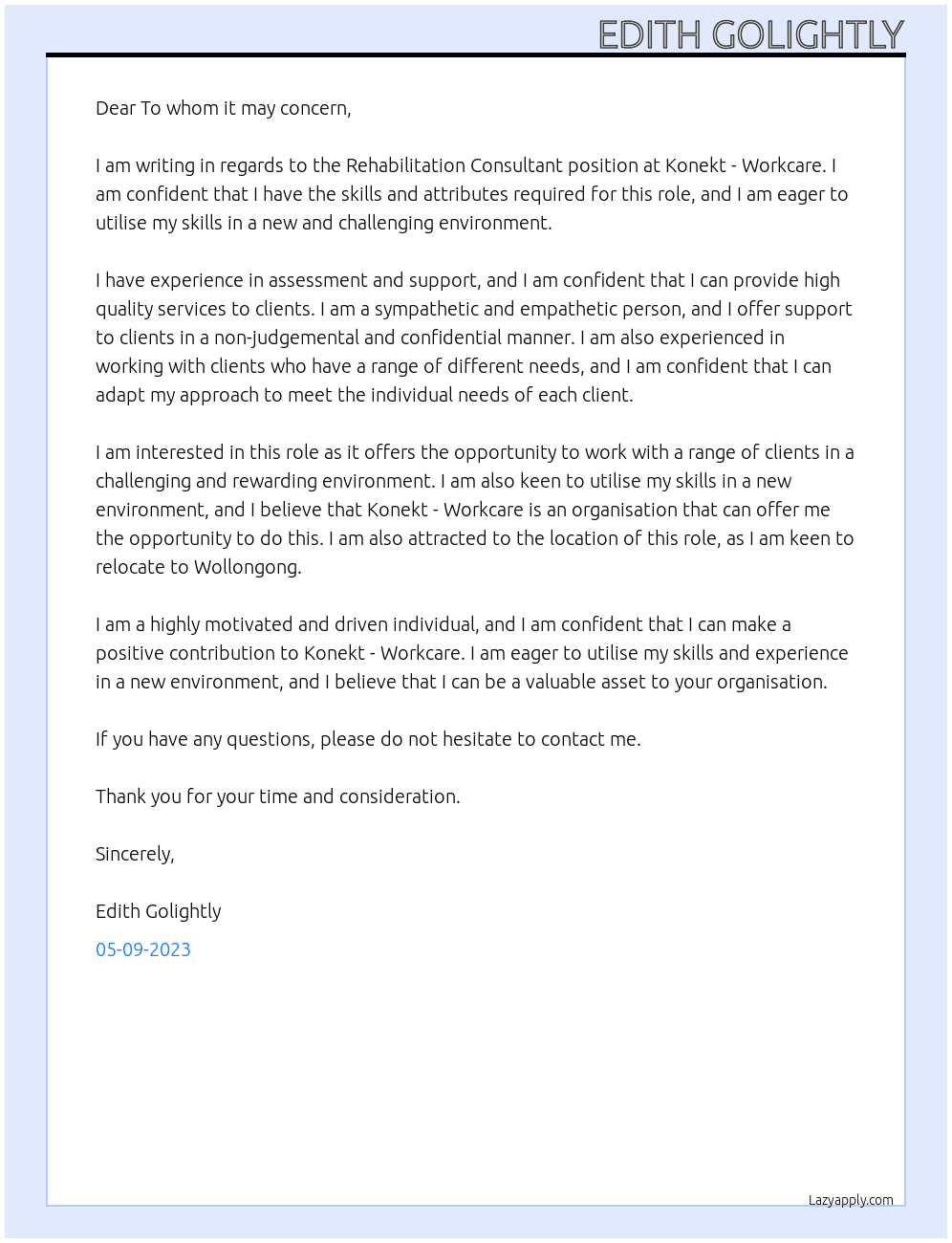 Rehabilitation consultant At Konekt - Workcare Cover Letter