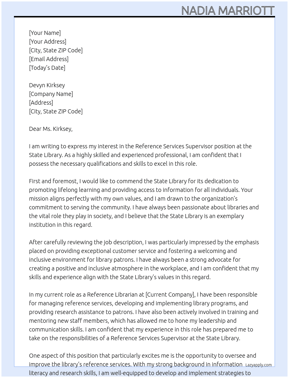Reference Services Supervisor At State Library Cover Letter