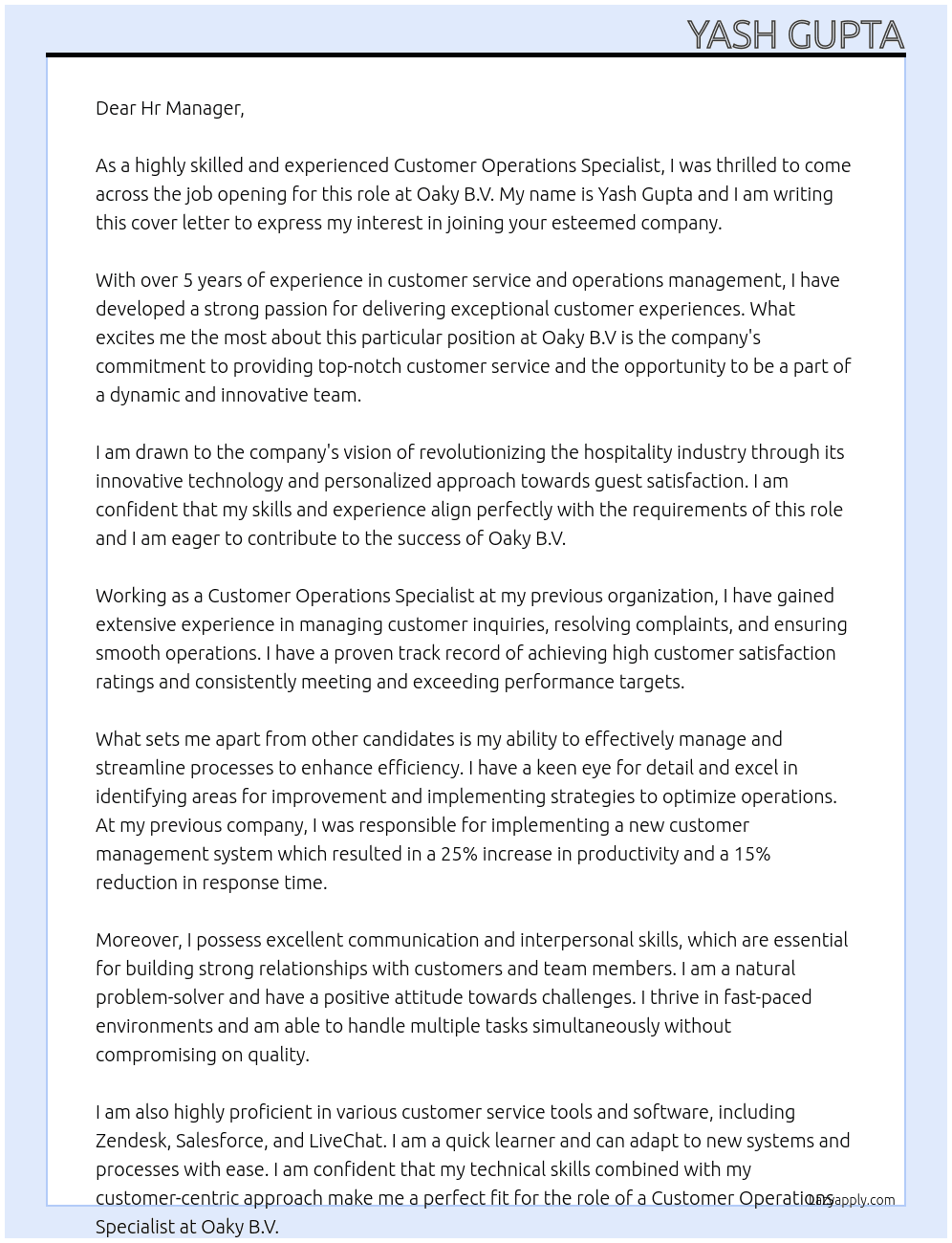 Customer Operations Specialist At Oaky B.V Cover Letter