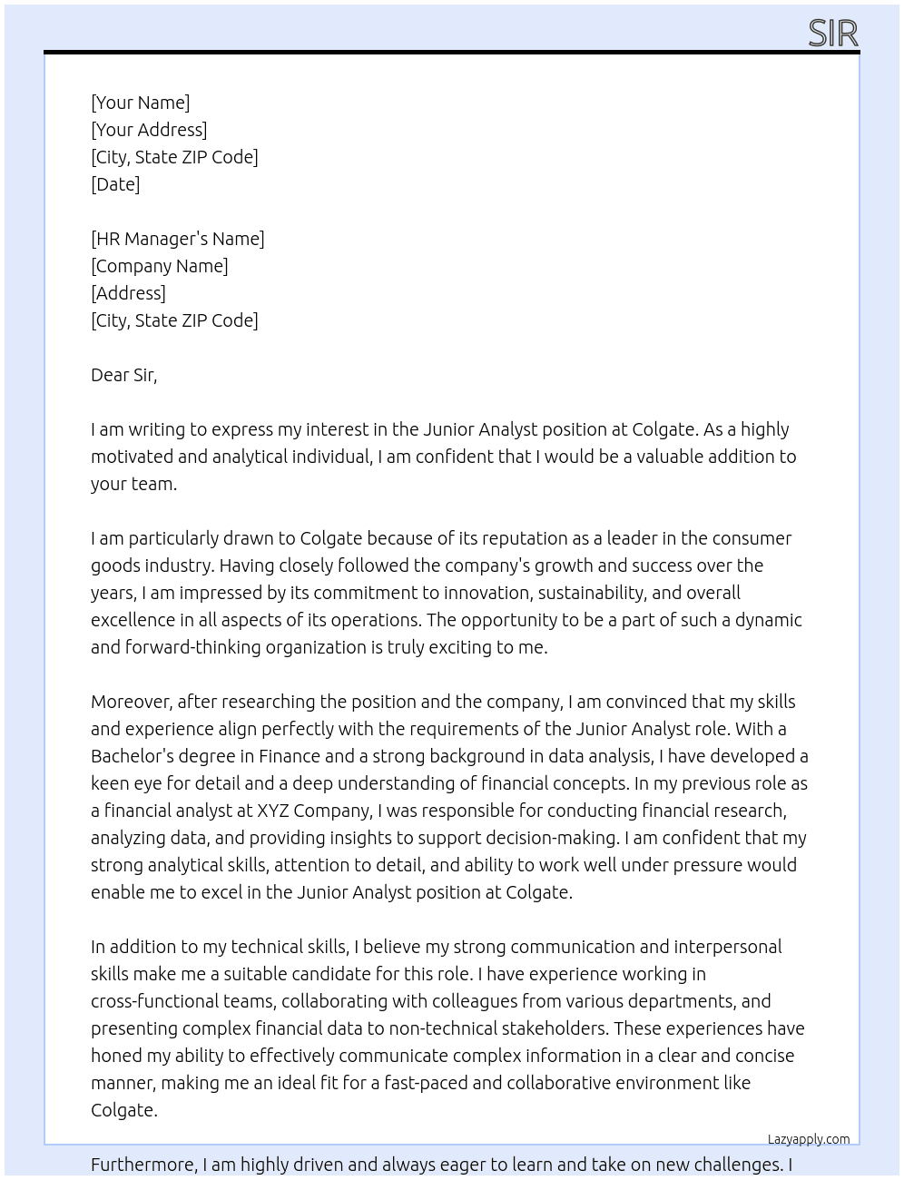 Junior analyst At Colgate  Cover Letter