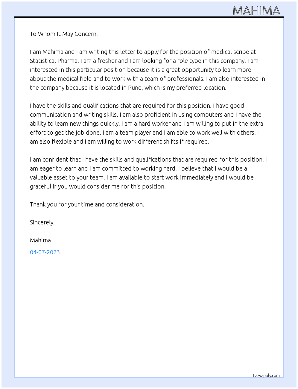 Medical scribe At Statistical Pharma  Cover Letter