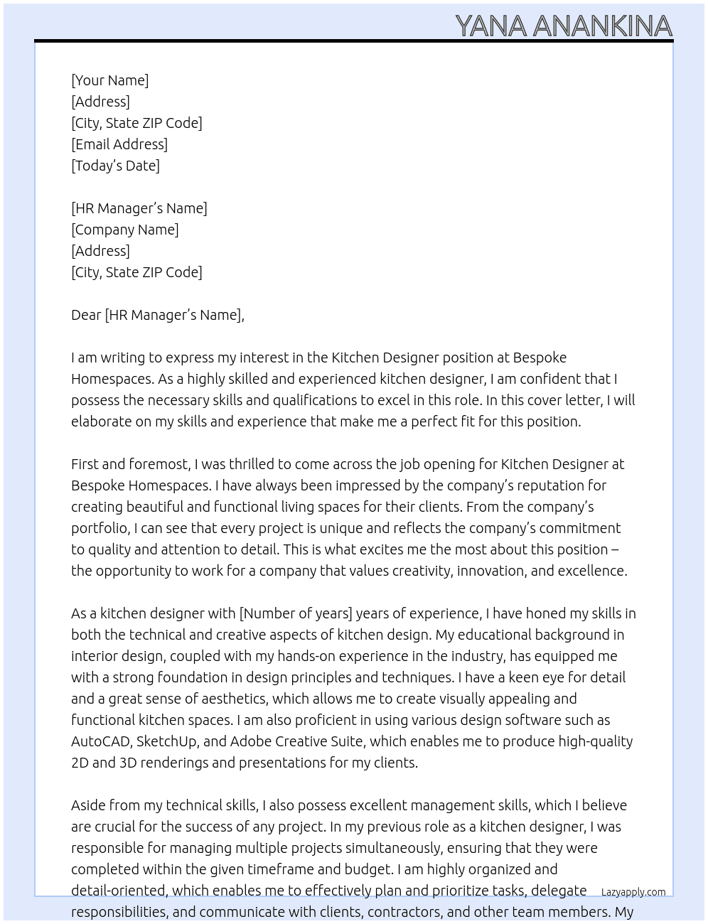 Kitchen designer At Bespoke Homespaces Cover Letter