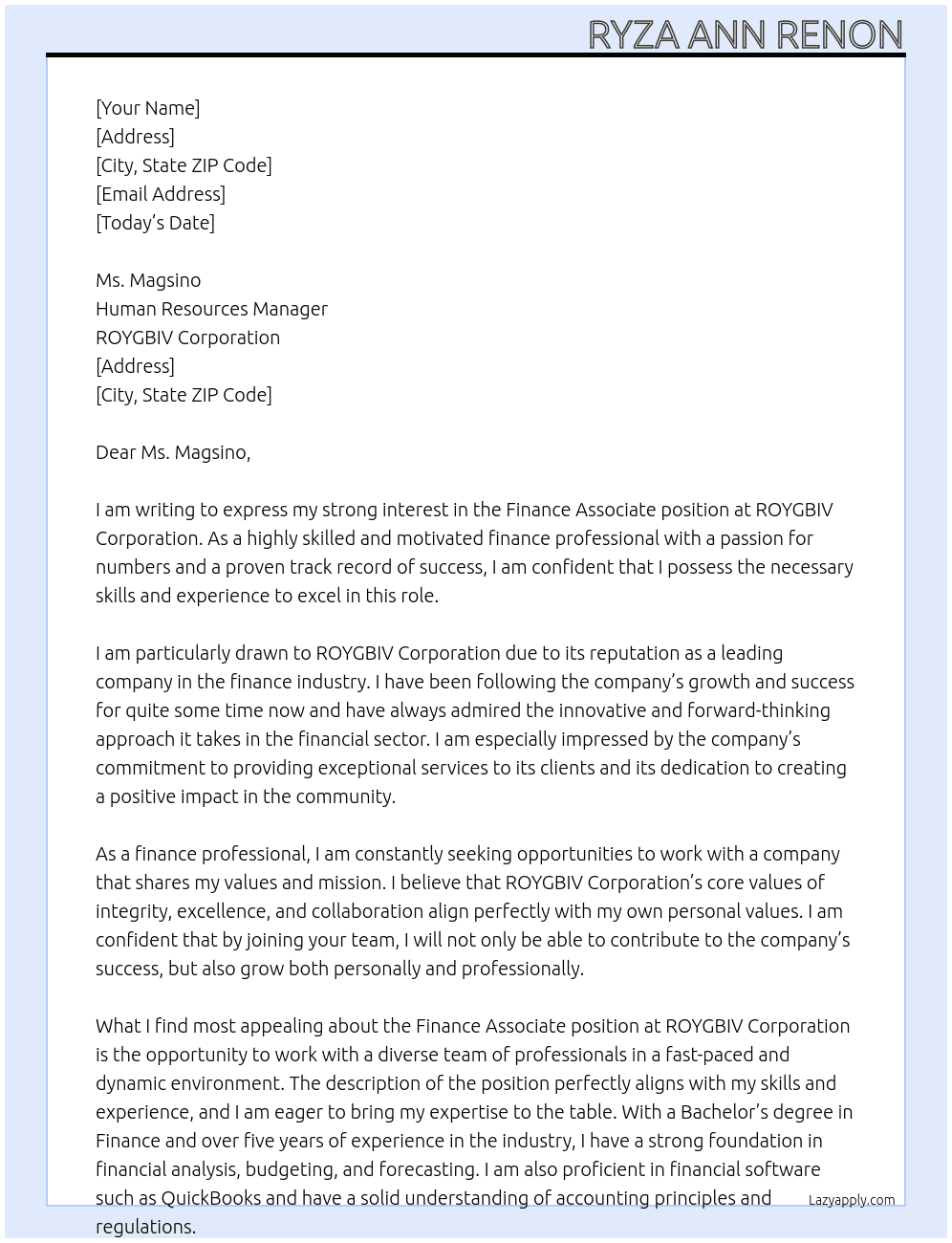 Finance Associate At ROYGBIV Corporation Cover Letter