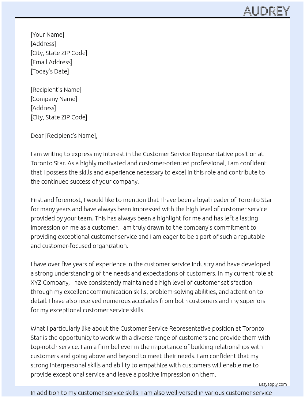Customer Service Representative At Toronto Star Cover Letter