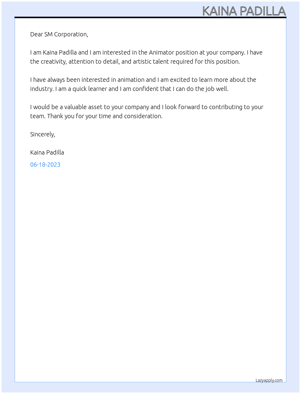 Animator  At SM Corporation Cover Letter