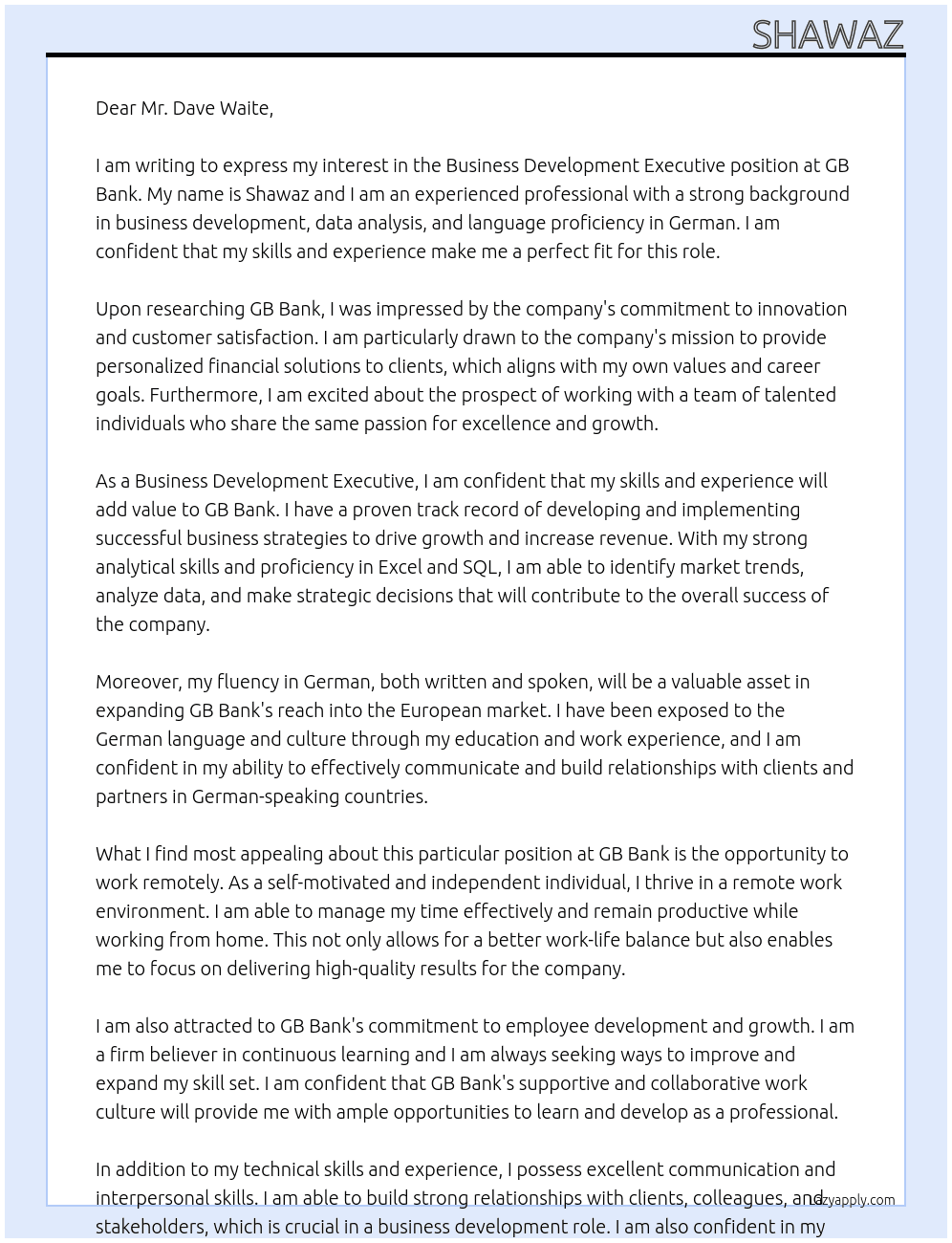 Business Development Executive At GB bank Cover Letter