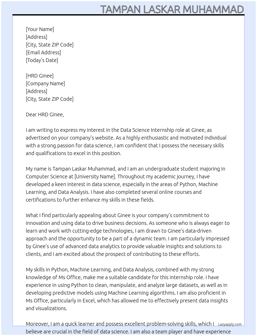 Data science At Ginee Cover Letter