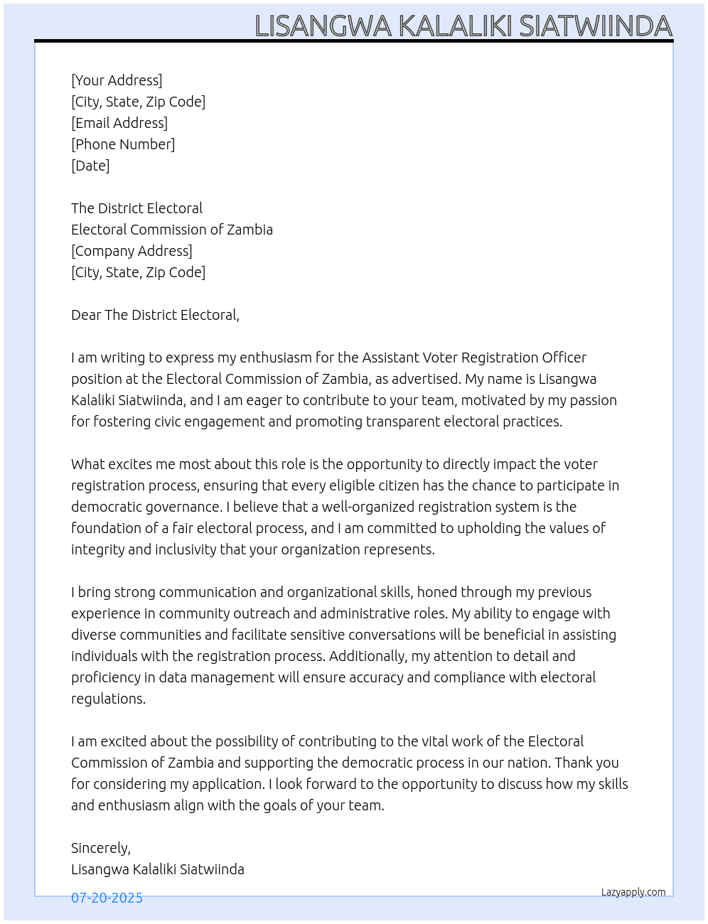assistant voter registration officer At Eletoral Commision of Zambia Cover Letter