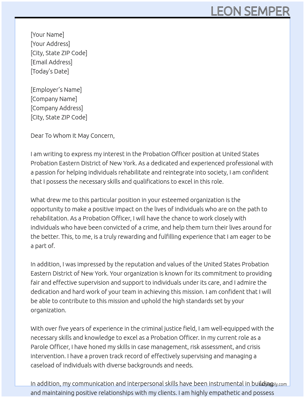 Probation Officer At United States Probation Eastern District of New York Cover Letter