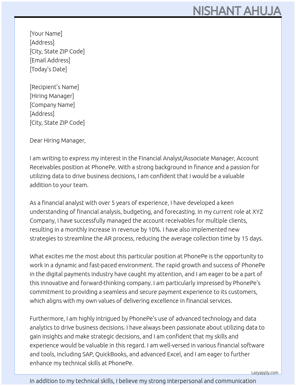 Cover letter for financial analyst/associate manager, account receivables - LazyApply
