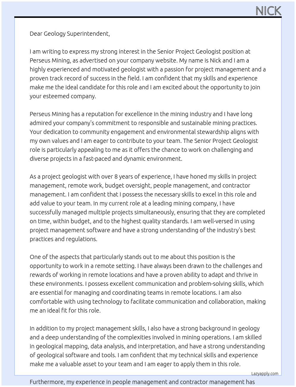 Senior Project Geologist At Perseus Mining  Cover Letter